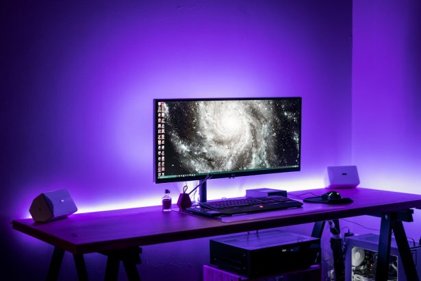 flat screen computer monitor on brown computer desk